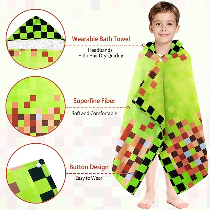 Hooded Towels for Kids - Superfine Fiber Game Theme Toddler Hood Bath Towels Beach Hooded Poncho Absorbent Pool Toddler Swim Bath Wrap for Boys & Girls 3-10 Years Beach Essentials, 60*35 inches