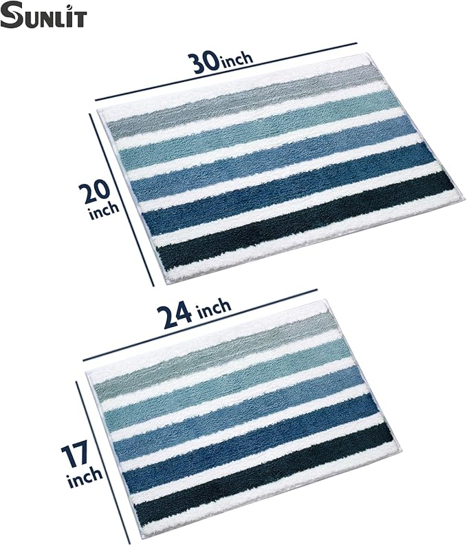 Sunlit Ombre Blue Bathroom Rug Nautical Bath Mat for Bathroom Non Slip Set of 2 Blue and White (30"x20" & 24"x17")