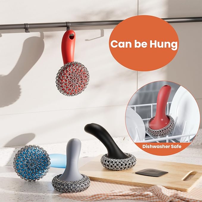 Cast Iron Scrubber with Long Handle | 316 Cast Iron Cleaner Chainmail Scrubber for Cast Iron Pan Skillet Cleaner - Dish Scouring Pad Dishwasher Safe Cleaning Kit (Red, 1 Scrubber + 1 Scraper)
