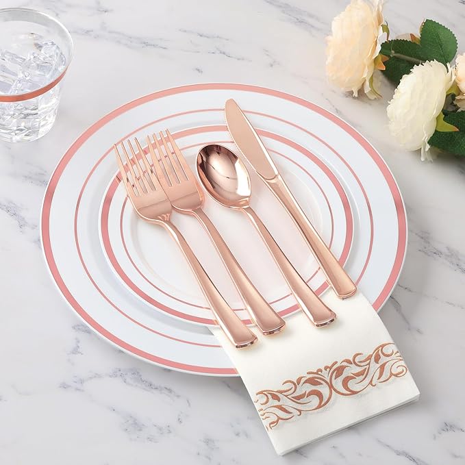Goodluck 175 Pieces Rose Gold Dinnerware Set for 25 Guests, Plastic Plates Disposable for Party, Include: 25 Dinner Plates, 25 Dessert Plates, 25 Paper Napkins, 25 Cups, 25 Silverware Set