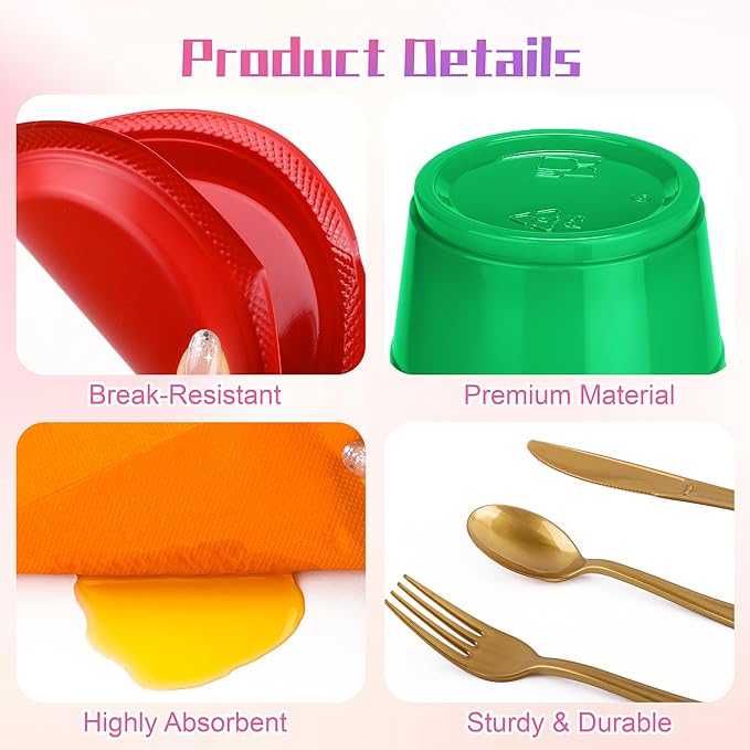 Aodaer 400 Pieces Colorful Dinnerware Set, Disposable Party Supplies Include 7/9 Inch Yellow Red Plastic Plates Green Cups Cutlery Napkins for Rainbow Birthday Party Decor, Serve 50 Guest