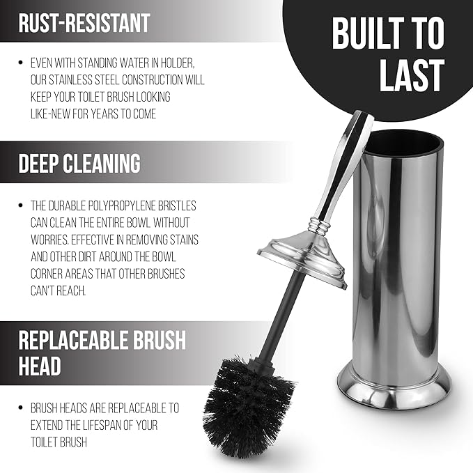 Splash Home Kolva Stainless Steel Toilet Brush with Holder, Bowl Scrubber with Durable Cleaning Bristles, Hidden Brush with Splash Protective Disc Design - Chrome