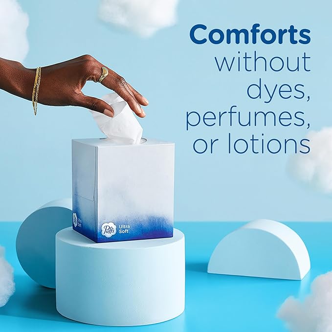 Puffs Ultra Soft Facial Tissues, 4 Family Size Boxes, 124 Facial Tissues per Box, Allergies and Colds