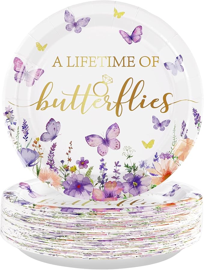 50Pcs Butterfly Bridal Shower Party Supplies Butterfly Paper Plates 9" Disposable Spring Watercolor Floral Dessert Platters A Lifetime of Butterflies Party Decorations for Wedding Engagement Party