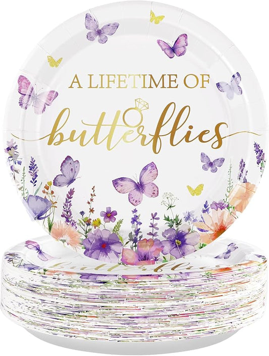 50Pcs Butterfly Bridal Shower Party Supplies Butterfly Paper Plates 9" Disposable Spring Watercolor Floral Dessert Platters A Lifetime of Butterflies Party Decorations for Wedding Engagement Party