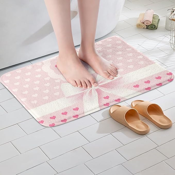 Pink Cartoon Bowknot Kids Bath Mats,Crown Love Heart Princess Romantic Mats Rugs for Girls,Geometric Bow Tie Patchwork Bath Carpets,Fashion Bath Rugs,Absorbent Floor Mats,20Wx32L Inches