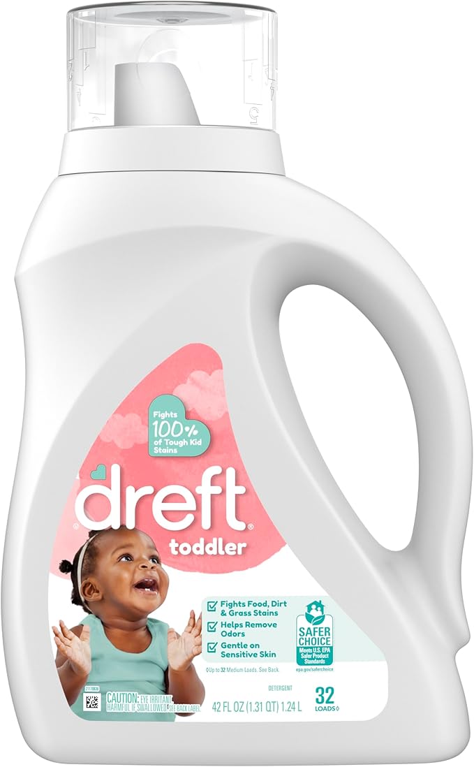 Dreft Toddler Liquid Laundry Detergent, Gentle on Sensitive Skin Laundry Soap, 42 fl oz, 32 Loads, Pack of 2 (Packaging May Vary)