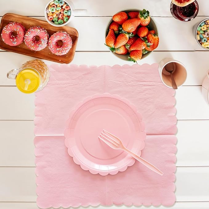 Pink Paper Plates and Napkins,7 Inch Pink Scalloped Disposable Dessert Plates Paper Napkin Fork Party Supplies for Mothers Day Wedding Baby Shower Birthday(25 Guest)