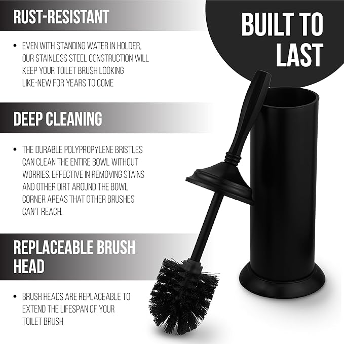Splash Home Kolva Stainless Steel Toilet Brush with Holder, Bowl Scrubber with Durable Cleaning Bristles, Hidden Brush with Splash Protective Disc Design - Matte Black