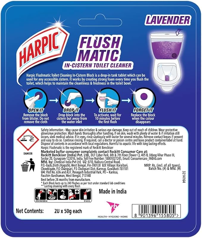 Harpic 100 gm - Lavender, Flushmatic In-Cistern Toilet Cleaner Blocks | Toilet Flush Cleaner Balls