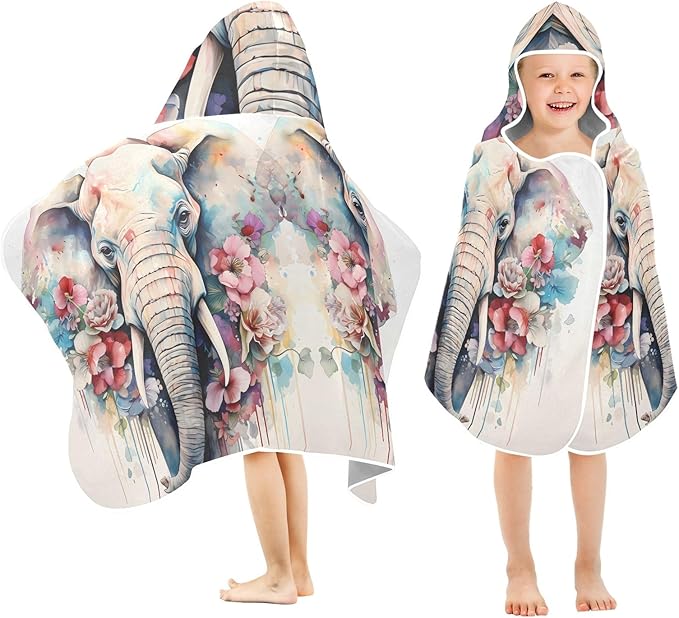 Hooded Towel for Kids Colorful Elephant with Flowers Beach Wrap Bath Towels 50x23.5in