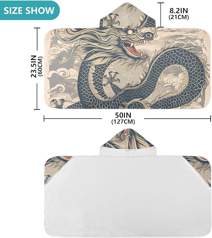 SUABO Kids' Bath Towels Chinese Dragon Painting Hooded Towels for Boys Girls,Toddler Towels Multi-Purpose for Beach,Pool and Bathroom,23.5" x 50", Soft and Highly Absorbent