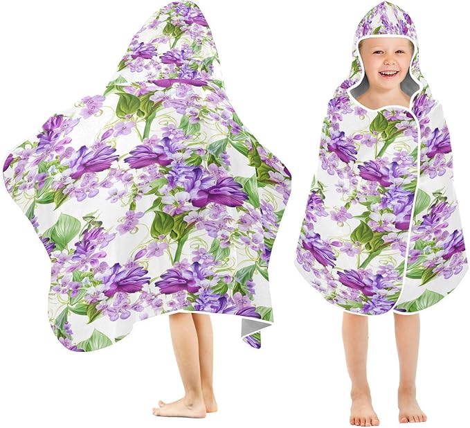 CEBUGI Purple Flowers Hooded Bath Towel for Kids Absorbent Soft Bath Towel Wrap with Hood 50x23.5in Pool Beach Shower Towel for Boys Girls