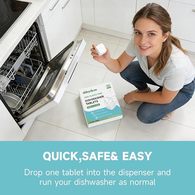 100% Plastic-Free Dishwasher Detergent Tablets, 32 Count, Free & Clear, All-in-One Dishwashing Pods, Enzyme-Powered for Stuck-On Food, Phosphate & Dye Free, Residue-Free Sparkling Shine