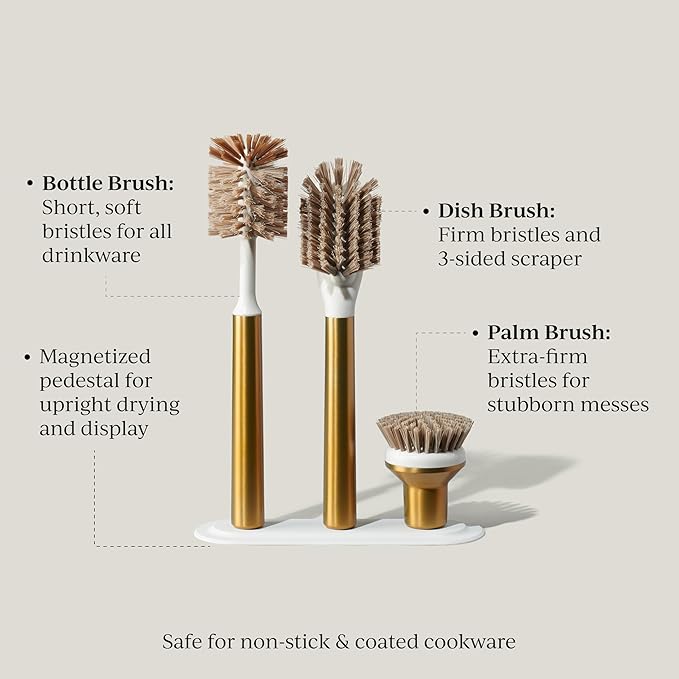 Curio Home Goods Ionic Brush Set, Magnetized to Stand Upright, Stainless Steel with Replaceable Heads, Brass/Gold