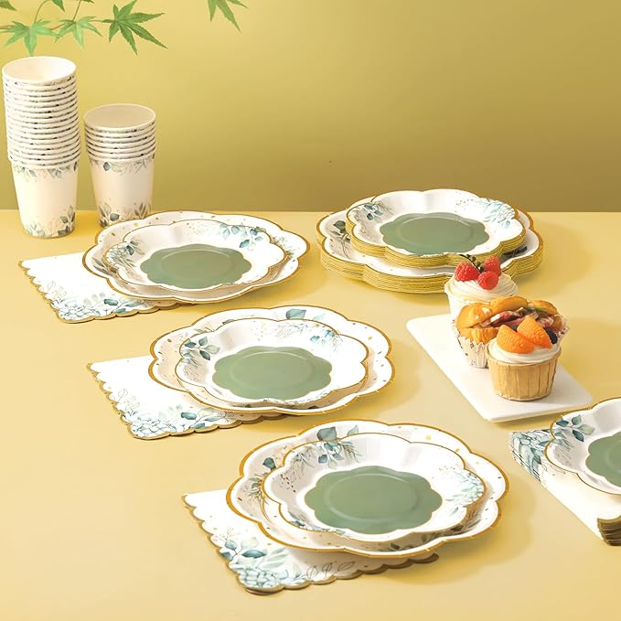 Sage Green Party Decorations, Sage Green Paper Plates and Napkins Party Supplies, Bridal Shower Plates for Birthday Baby Shower Bridal Shower Wedding Shower Baptism Garden, Serves 24