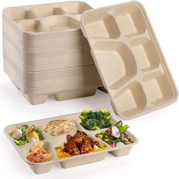 Peohud 50 Pack 6 Compartment Disposable Paper Plates, Bagasse School Lunch Tray, Heavy-Duty Sugarcane Plates, Microwavable Safe