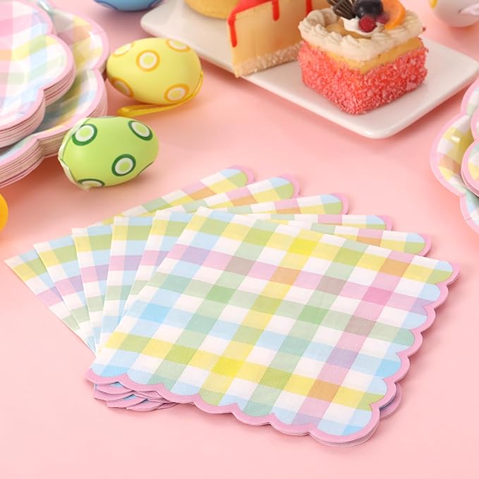 175 Pcs Easter Checkered Plates and Napkins Party Supplies - Easter Paper Plates Sets Serve 25 Guests - Spring Pink Blue Yellow Pastel Plaid Plate for Picnic Easter Birthday Party Decorations
