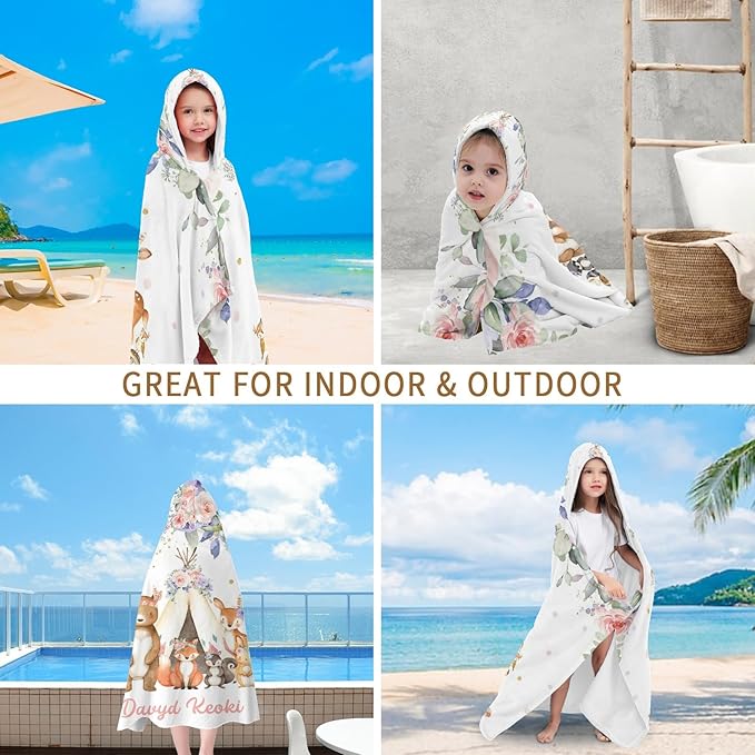 Animals Safari Floral Personalized Kids Hooded Towel with Name Soft Absorbent Beach Pool Bath Towels Hood Poncho for Boys Girls