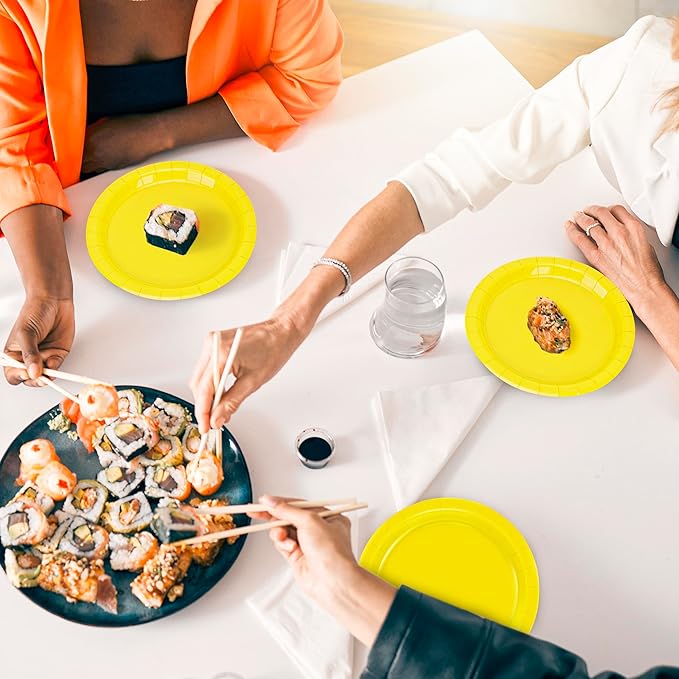 QZYL 50 Pieces Small Paper Plates, 7 Inches Yellow Dessert Dinnerware, Elegant Disposable Tableware Set, Paper Plates Heavy Duty, Party Supplies for Birthday Parties BBQs Picnics Events Gatherings