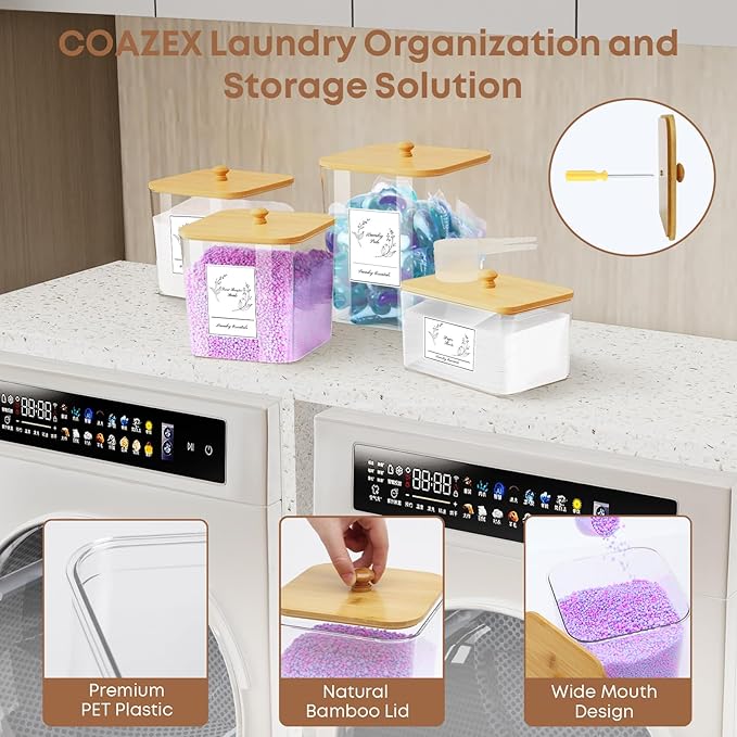 COAZEX 4 Pack Clear Laundry Pods Container & Dryer Sheet Holder, Plastic Square Laundry Room Organization and Storage Jars with Lids, Scoops & Labels for Detergent, Powder, Dryer Balls, Beads