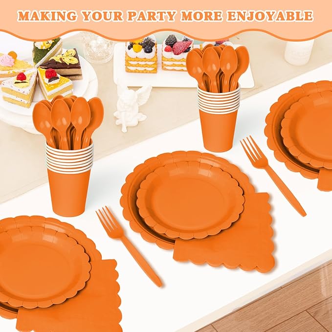Vyntra 350 Pcs Orange Disposable Paper Plates and Napkins Set for 50, 9" Dinner Plates & 7" Dessert Plates, Tableware for Halloween, Fall Party, Birthday, Picnic