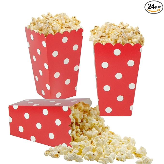 XIEHE 24 Pack Striped Popcorn Boxes - Carnival Parties Mini Paper Popcorn and Candy Containers, Party Supplies for Movie Nights (Red Dot)