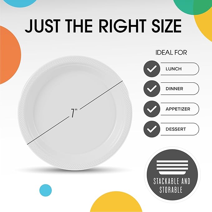 Exquisite Party Solids White Plastic Plates For Party Supplies 7" White Disposable Plates Heavy Duty 50 Pcs Plastic Dinnerware Sets Heavy Duty 350 GSM Disposable Dinnerware Set