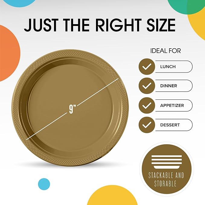 Exquisite Party Solids Gold Plastic Plates For Party Supplies 9" Gold Disposable Plates Heavy Duty 50 Pcs Plastic Dinnerware Sets Heavy Duty 350 GSM Disposable Dinnerware Set