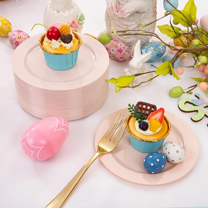 bUCLA 100Pieces Pink Plastic Dessert Plates - 6.25 inch Pink Disposable Dessert/Appetizer/Small Cake Plates for Wedding, Party & Birthday