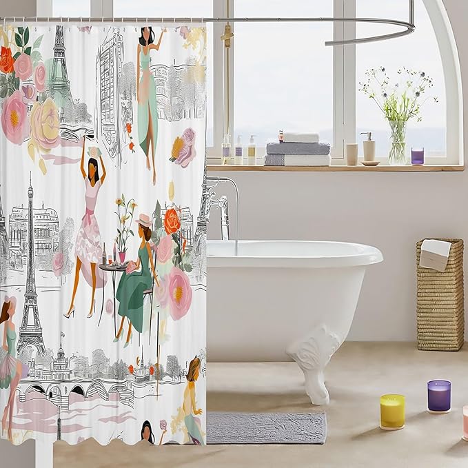 Feelyou Kids Eiffel Tower Shower Curtain Paris Romantic Rose Floral Bath Curtain for Boys Teens Decor France Stree Scence Cover Set Trip Design White Kids Bathroom Accessories 72"x78"