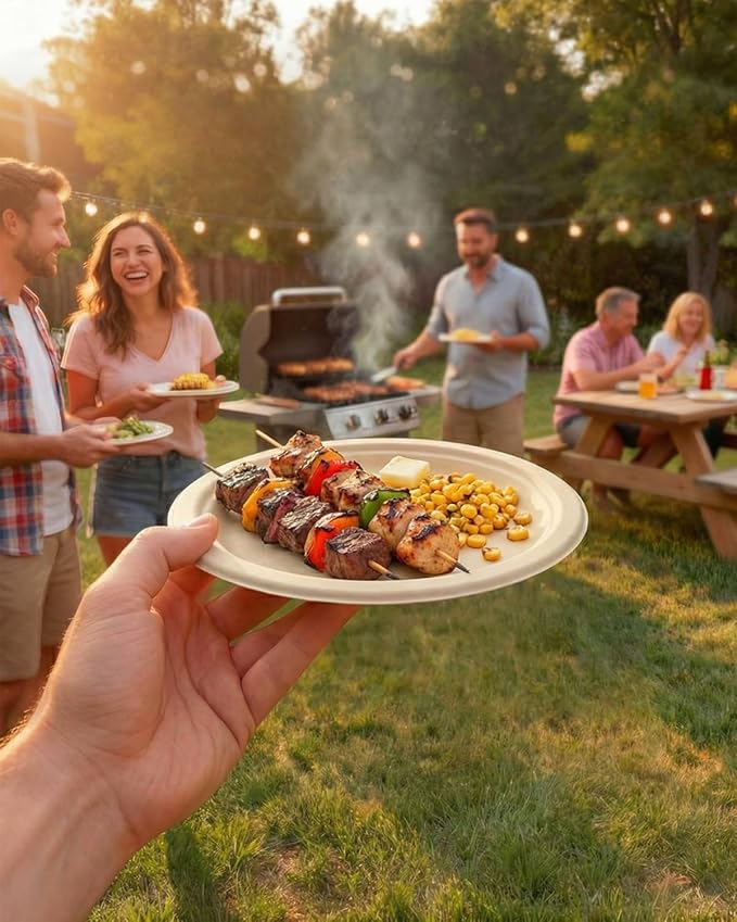 Goodluck 6 Inch Natural Compostable Plates 200 Pack, 100% FSC Certified Unbleached Bagasse Paper Plates, Heavy Duty Eco Friendly Disposable Plates for Party, Wedding, BBQ, Catering & Everyday Use