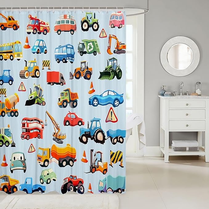 Cartoon Car Bathroom Waterproof Accessories with 12 Hooks Teens Cartoon Transportation Car Decor Fabric Shower Curtains for Kids Boys Girls Truck Bus Taxi Shower Curtain Vehicles Blue,72x78 Inches