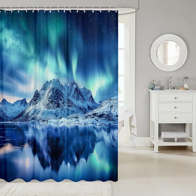 Aurora Bath Curtain Galaxy Starry Sky Aurora Bathroom Shower Curtain Set Mountain Landscape Shower Curtain for Stalls Bathtubs Natural Scenery Art Waterproof Bathroom Curtains Room Decor 72x78 Inch