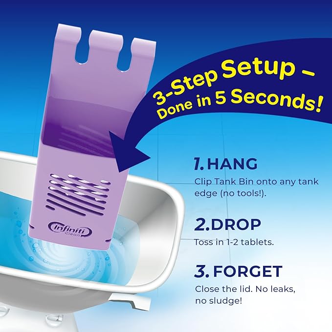 Toilet Tank Tablet Holder with 6 Blue Toilet Bowl Tablets, 8.97 x 3.22 x 2.25 Inch Tablet Holder - Prevents Flapper Jams & Residue, Extends Life of Drop-In Cleaner Tablets