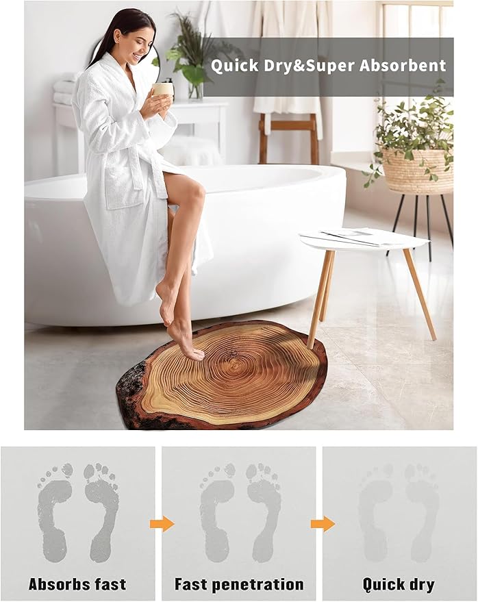 Brown Wood Rustic Bath Mat Cute Annual Ring Bathroom Rugs Funny Non Slip Bathtub Decor Mats Super Absorbent Floor Carpet Machine Washable Quick Dry Bahtmat for Tub, Shower, Bedroom，Kitchen，23.6"x35.4"