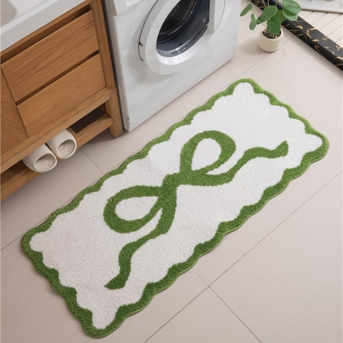 Green Scalloped Bathroom Mat 32x20, Soft Absorbent Bath Mats, Machine Washable Microfiber Floor Mats for Bathroom Tubs, Sinks and Showers