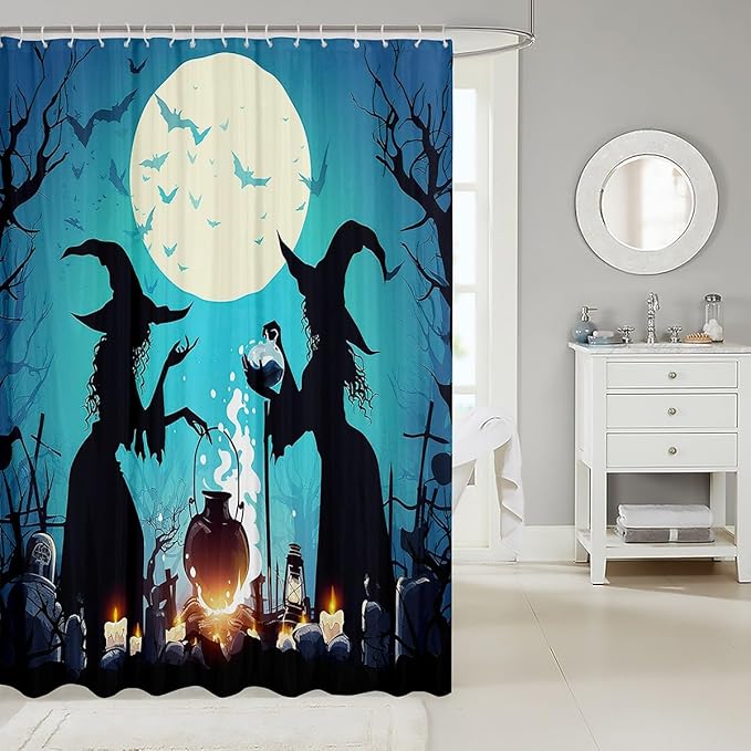 Feelyou Halloween Shower Curtain Kids Witch Bathroom Shower Curtain Set for Teens Orange Pumpkin Lantern Printt Bath Curtain Waterproof Mystery Graveyard Branches Kids Bathroom Accessories 72"x78"