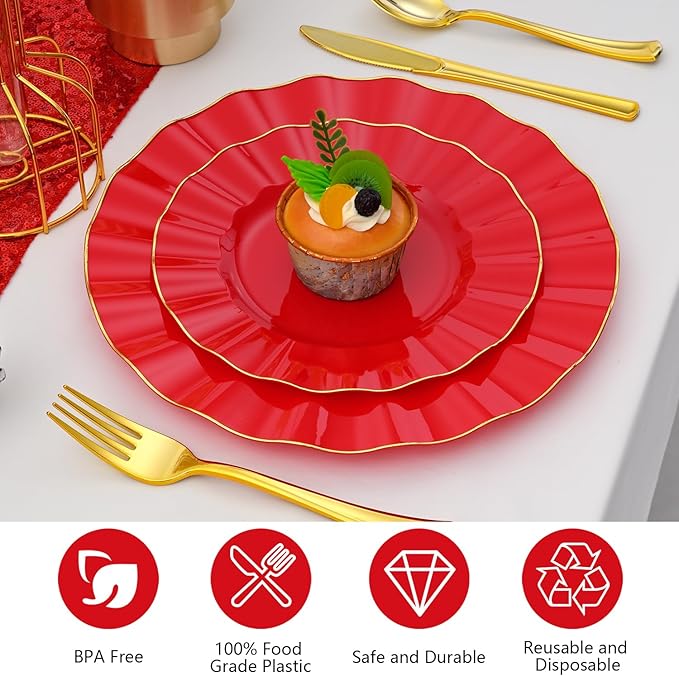 60Pcs Heavy Weight Red Plastic Plates with Gold Trim, Heavy Duty Red and Gold Christmas Plates, Elegant Disposable Plate Sets include 30 Dinner & 30 Dessert Plate for Party
