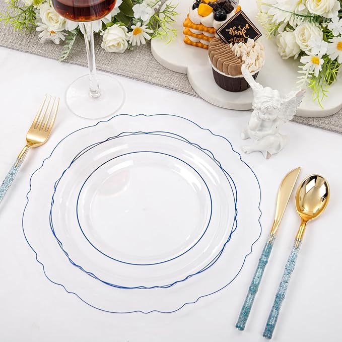 Liacere 150PCS Clear and Blue Plastic Plates-Clear and Blue Disposable Plates with Glitter Bamboo Handle Cutlery-60 Baroque Elegant Plates, 30 Forks, 30 Spoons, 30 Knives for Wedding&Party&Mothers Day