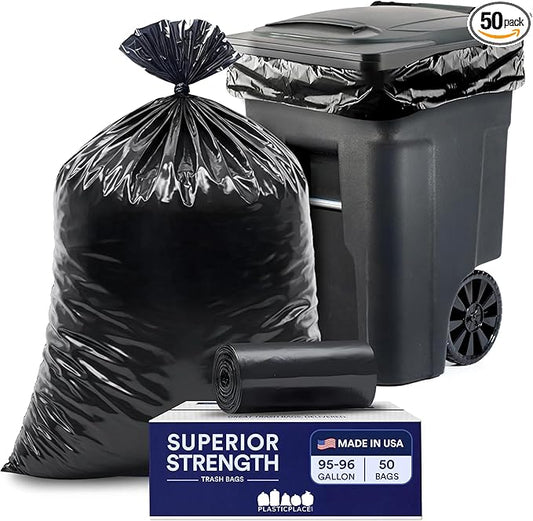 Plasticplace 95-96 Gallon Garbage Can Liners │ 1.5 Mil │ Black Heavy Duty Trash Bags │ 61” X 68” (50Count) (W95LDB15)