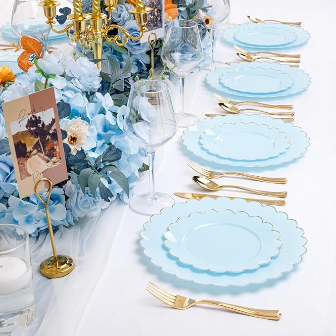 LIYH 60 Pcs Baby Blue Plastic Plates with Gold Edge - Disposable Light Blue Plastic Plates Includes 30 Dinner Plate 10.25" and 30 Dessert Plate 7.5" for Party Birthday Wedding