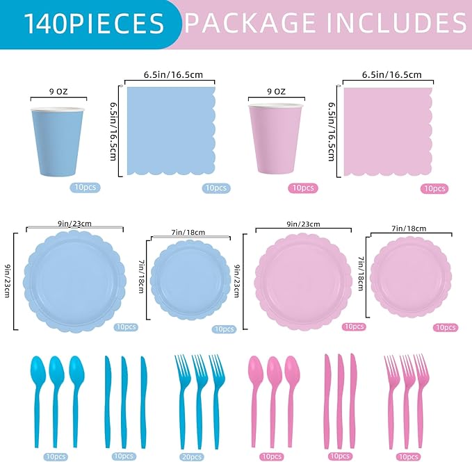 140 Pcs Baby Gender Reveal Plates and Napkins, 20 Guest Boy or Girl Gender Reveal Party Supplies Include Light Pink and Light Blue Plates Napkin Cup Plastic Spoon Fork Knive for Baby Shower