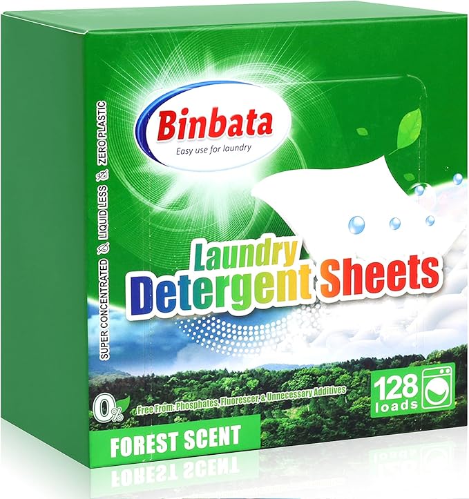 Binbata Laundry Detergent Sheets - Up To 128 Loads, Hypoallergenic, Eco-Friendly Forest Scent, Biodegradable, Plastic Free, Liquidless Laundry Sheets Suitable for Sensitive Skin