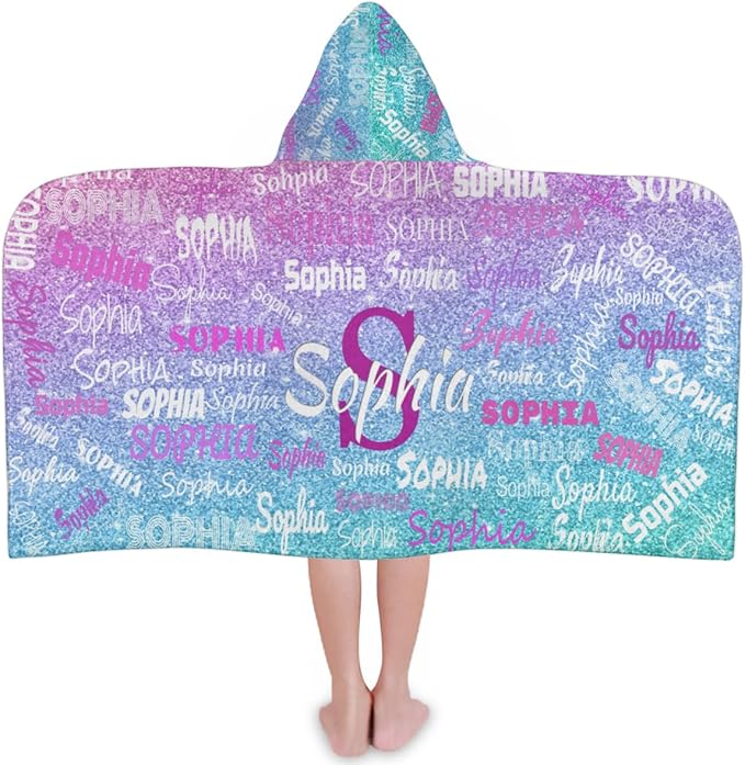 Personalized Hooded Beach Towels for Kids, Custom Beach Towels with Names, Customize with Your Name, Kids Bath Towel Hooded, Watercolor Blue Purple Glitters Print