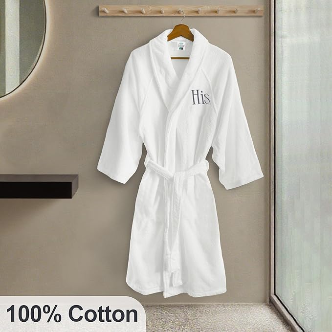 VOOVA & MOVAS Towel Robe for Men,Premium 100% Cotton Terry Shawl Collar Super Absorbent Bathrobe, Ideal Bathroom Robe,White with His
