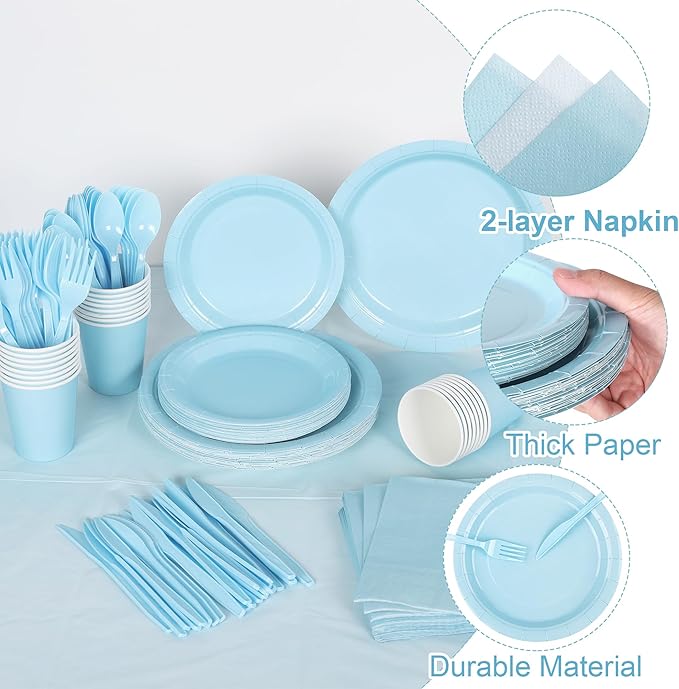 Kochorie 169 Pieces Light Blue Party Supplies Disposable Dinnerware Set Include Plates and Cups Napkins Plastic Forks Knives Spoons Tablecloth for Wedding Birthday Party Decorations, Serve 24 Guests