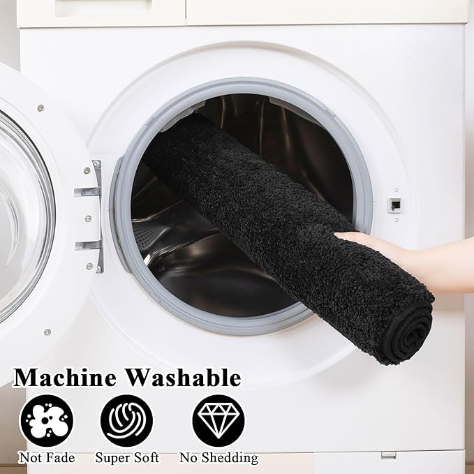 SHACOS 5 Pieces Bathroom Rugs Set with Toilet Lid Cover Ultra Soft Absorbent Microfiber Bath Mat U Shape Contour Rug for Bathroom, Non Slip Machine Washable Bath Runner Rugs for Bedroom, Black