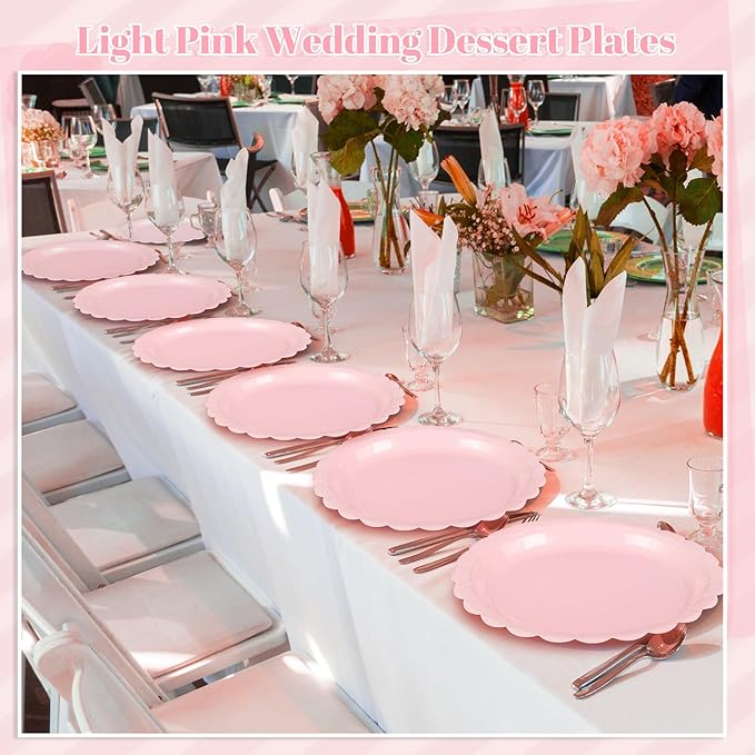 NatNarr 30 Pcs Pink Paper Plates, 7 Inch Scalloped Pink Dessert Cake Plates Cute Small Birthday Appetizer Party Plate for Girls Birthday, Wedding, Bridal Baby Shower