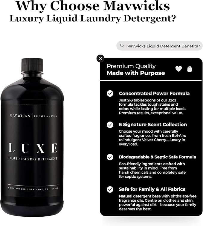 Mavwicks - Laundry Liquid Detergent (Luxe) - 32 Oz Laundry Perfume Bottle for Men & Women, Stain & Odor Remover, Deep Clean, Long-Lasting Fragrance and Freshness for All Fabrics